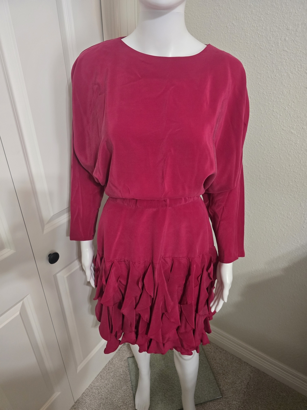 80's Vintage 100% Silk Fuchsia 3/4 Dolman Sleeve Ruffle-Hem Dress